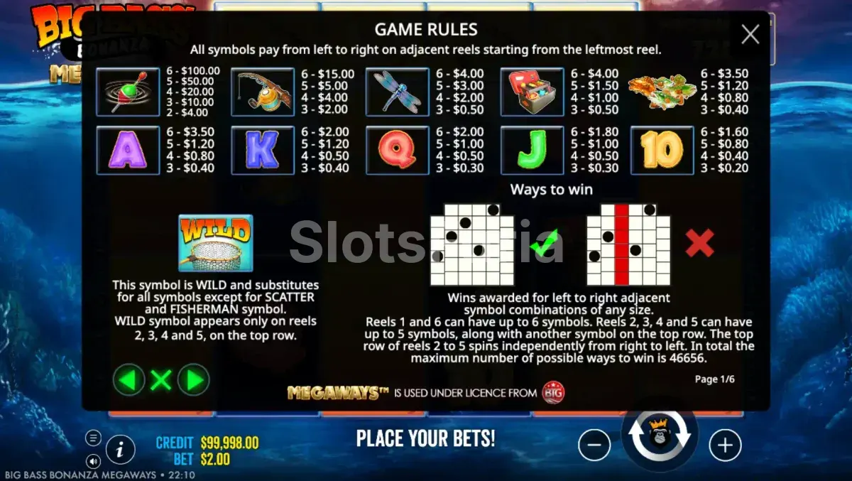 Tabla de pagos detallada de Big Bass Bonanza Megaways con todos los símbolos