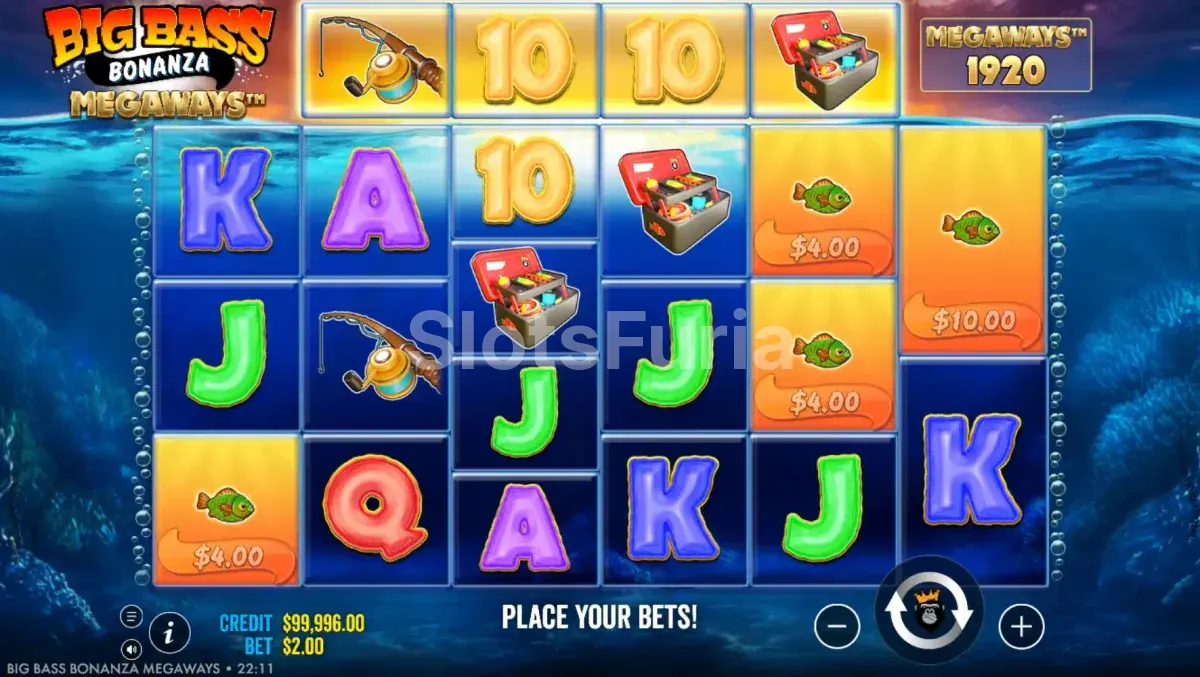 Segunda vista del juego base de Big Bass Bonanza Megaways mostrando el potencial del tablero Megaways