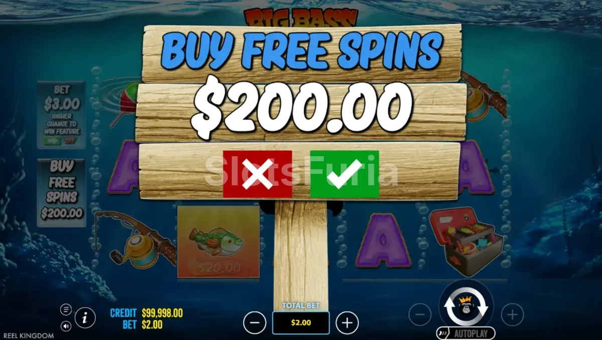 Pantalla de compra de bonus en Big Bass Bonanza Reel Action
