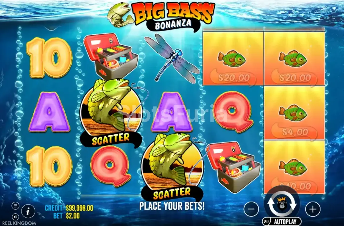Juego base de Big Bass Bonanza con los rodillos sobre el lago
