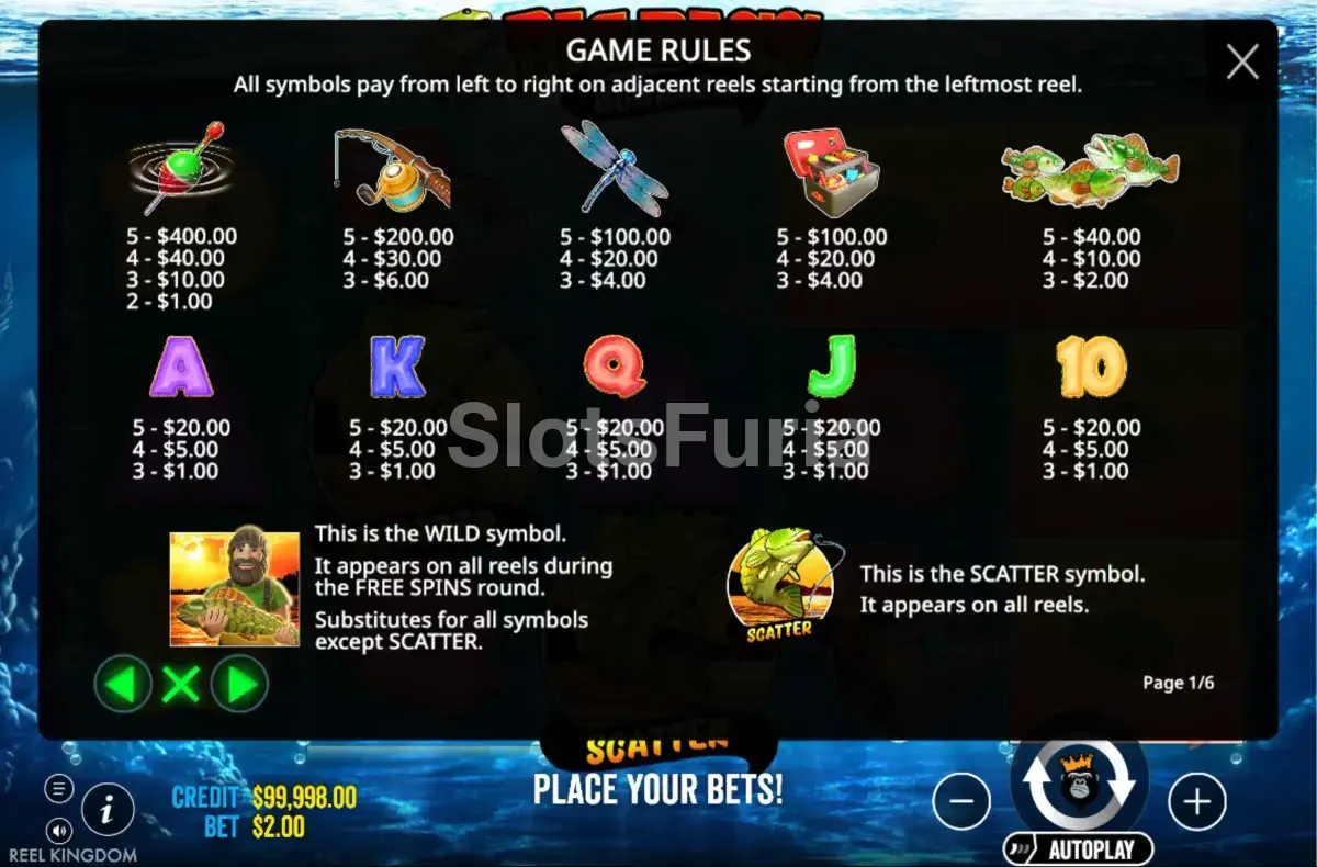 Tabla de pagos de Big Bass Bonanza con los valores de los símbolos