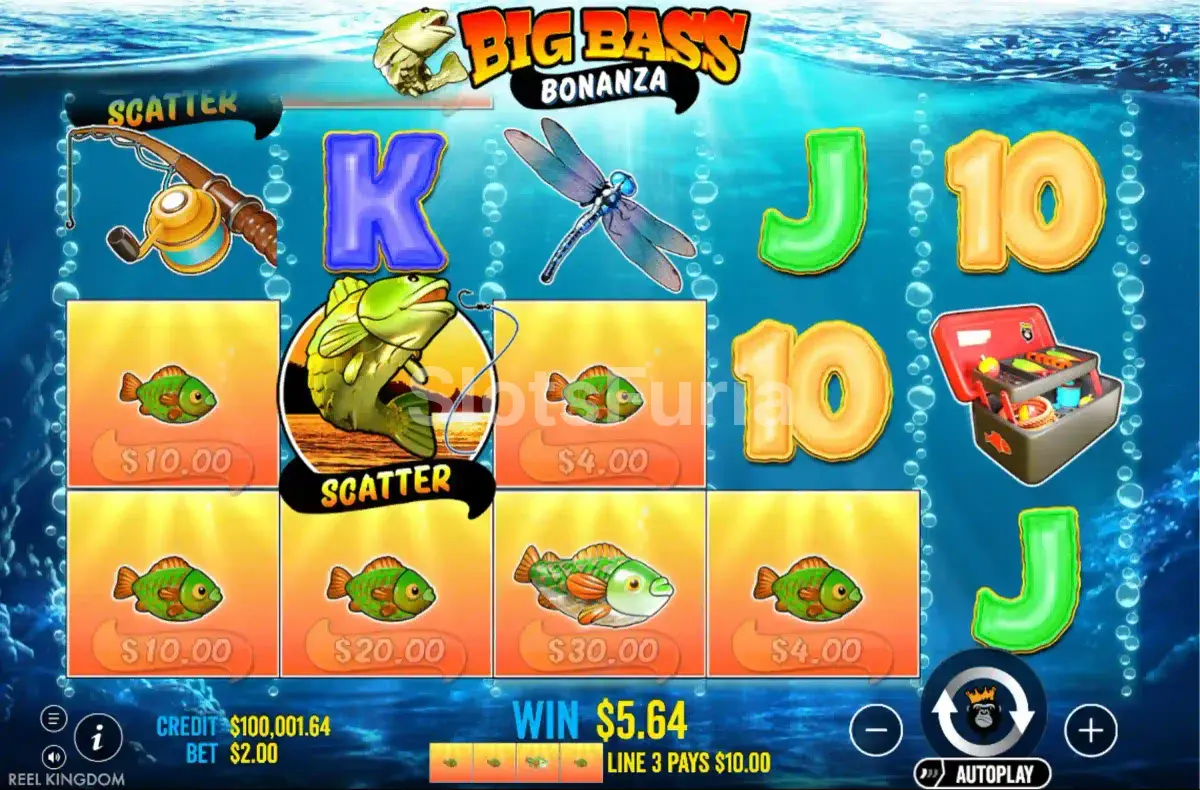 Segunda vista del juego base de Big Bass Bonanza con los símbolos de peces