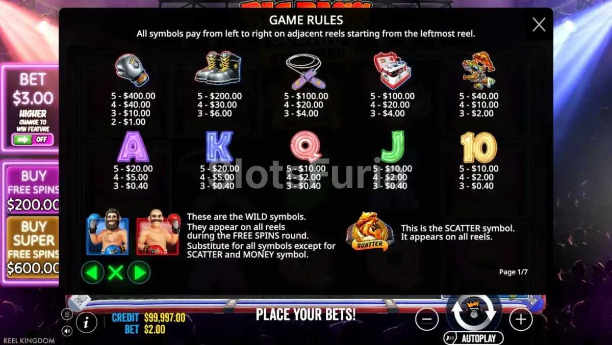 Tabla de pagos de Big Bass Boxing Bonus Round con todos los símbolos y sus valores
