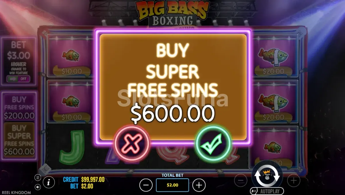 Pantalla de compra de bonus en Big Bass Boxing Bonus Round con opciones estándar y super free spins