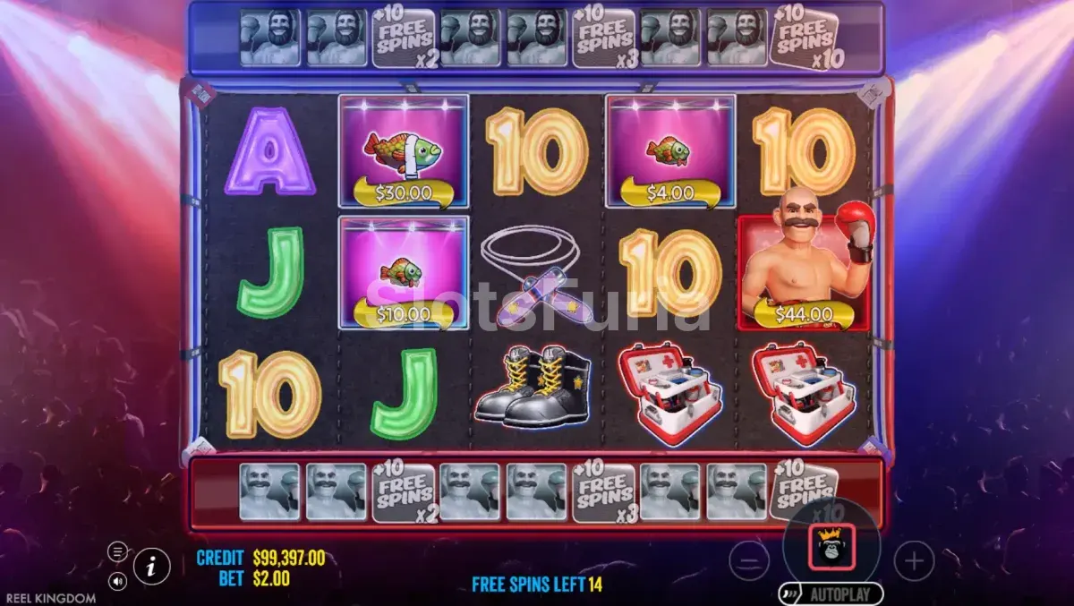 Ronda de giros gratuitos de Big Bass Boxing Bonus Round con wilds rojos y azules activos