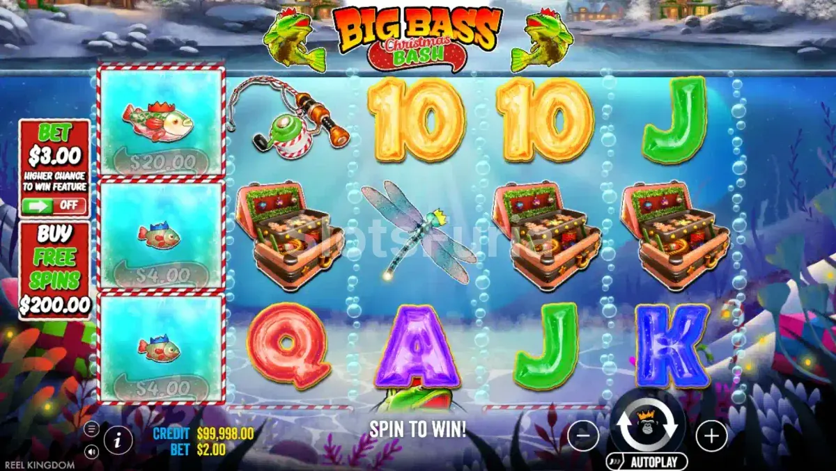 Pantalla principal del juego Big Bass Christmas Bash con decoración navideña