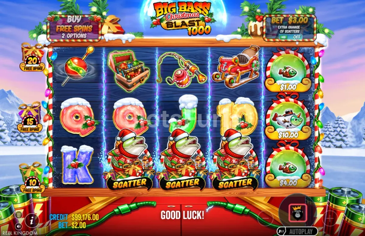 Scatters del gran bono en Big Bass Christmas Blast 1000