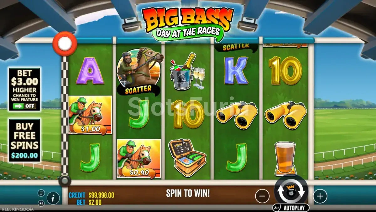 Pantalla principal del juego Big Bass Day at Races con el hipódromo de fondo