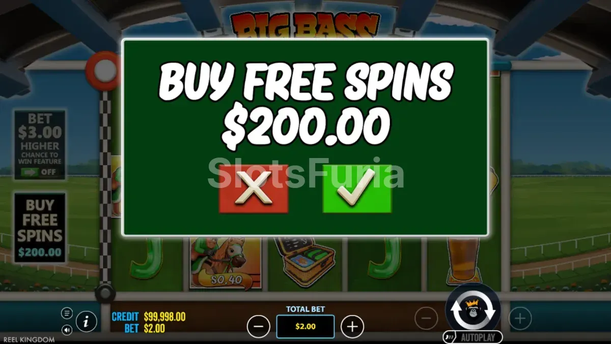 Pantalla de compra de bono en Big Bass Day at Races de Pragmatic Play