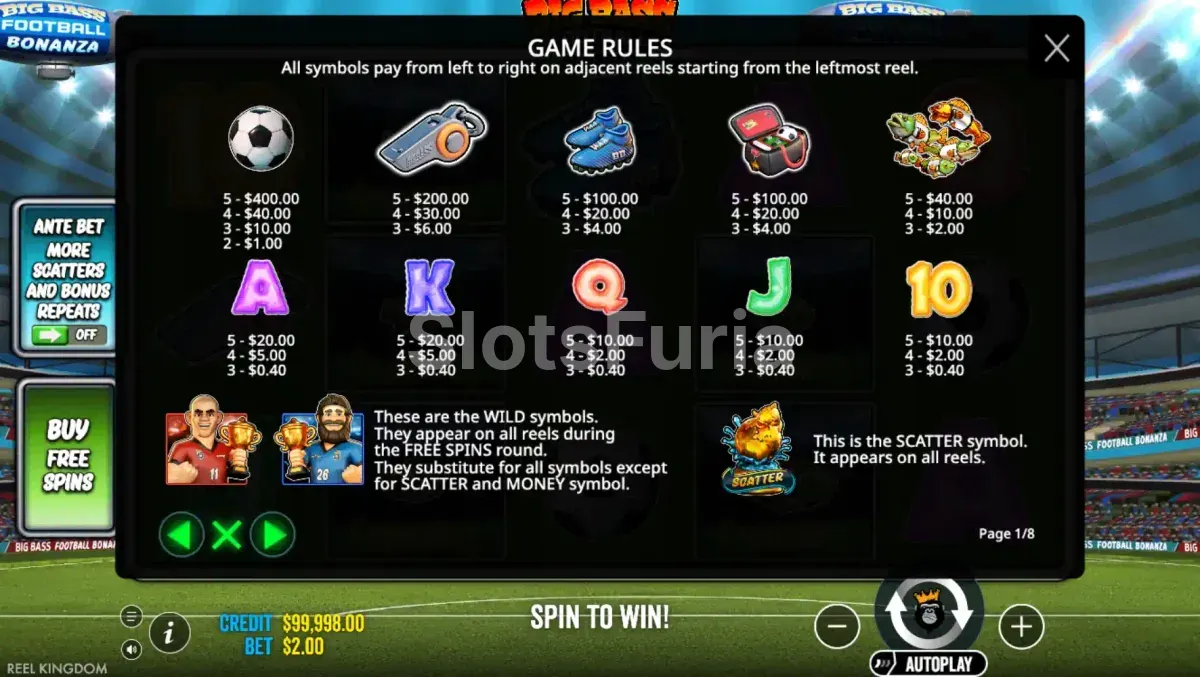 Tabla de pagos de Big Bass Football Bonanza mostrando los símbolos y sus valores