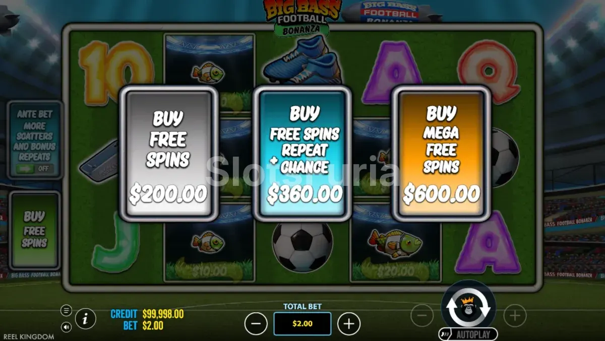 Menú de compra de bonus de Big Bass Football Bonanza con las distintas opciones disponibles
