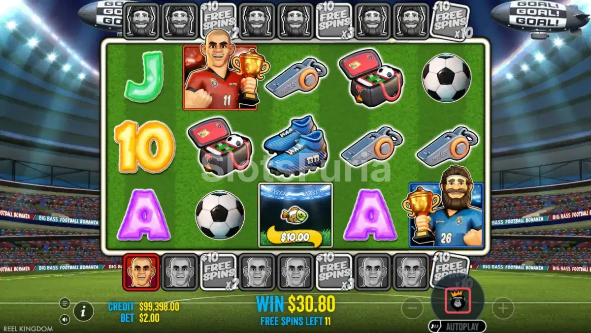 Ronda de giros gratuitos de Big Bass Football Bonanza con wilds recolectores activos