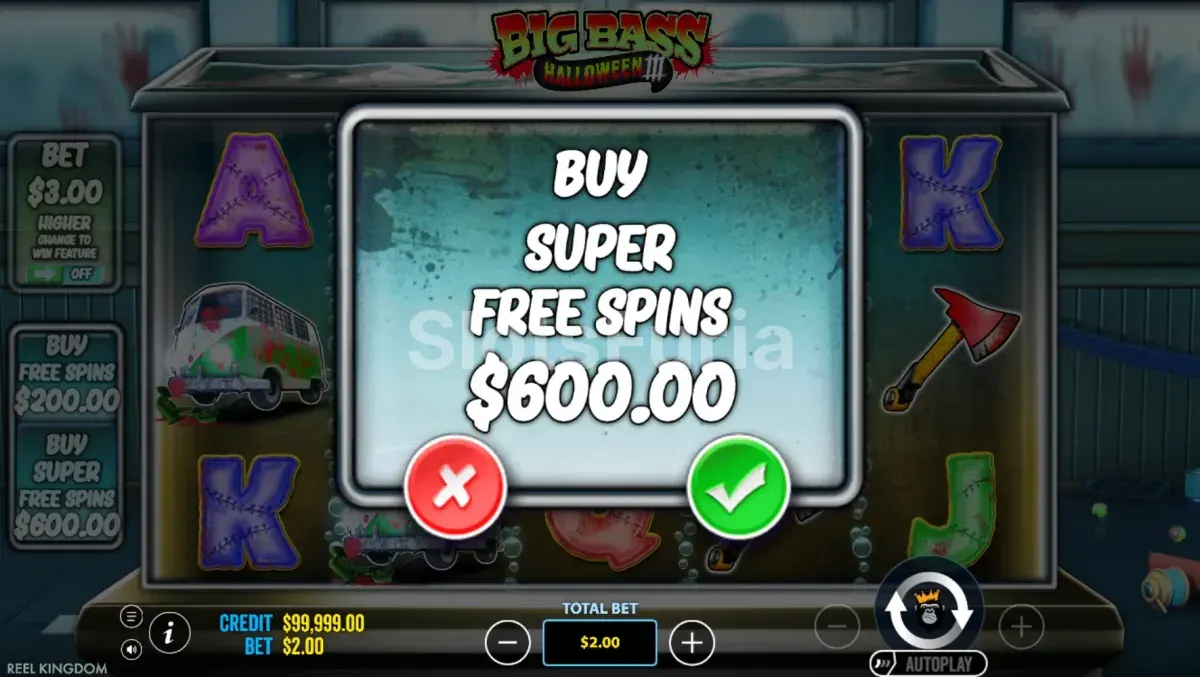 Menú de compra de bonus en Big Bass Halloween 3 con las dos opciones disponibles