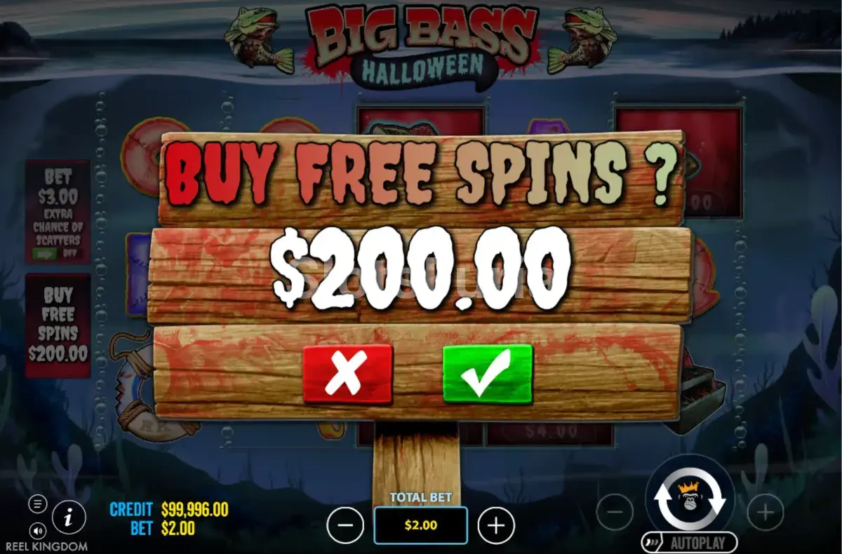 Menú de compra de bonus en Big Bass Halloween con las opciones disponibles y sus precios