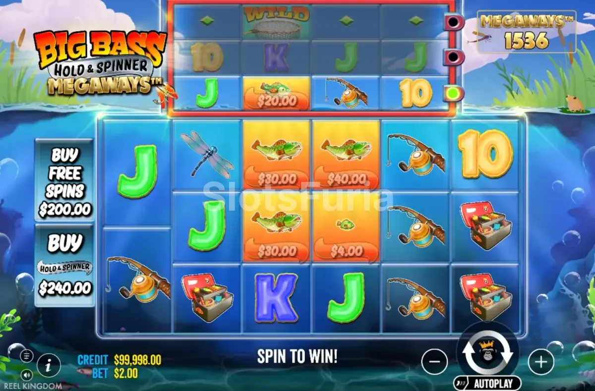Pantalla principal del juego base en Big Bass Hold & Spinner Megaways