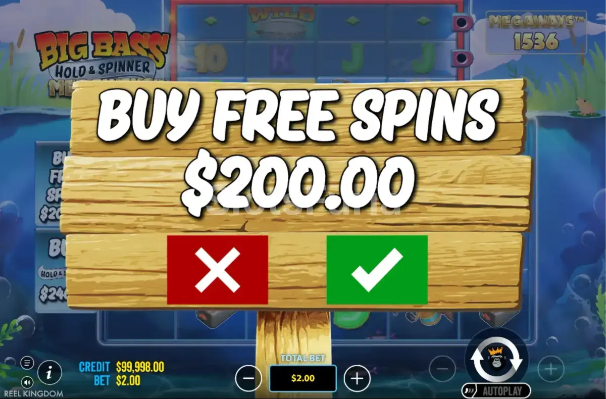 Menú de compra de bonus en Big Bass Hold & Spinner Megaways
