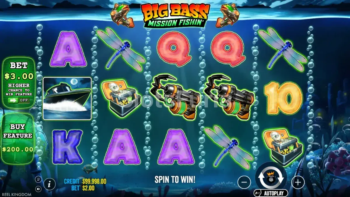 Pantalla principal del juego Big Bass Mission Fishin con sus 5 rouleaux y ambiente acuático