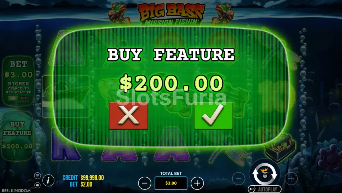Pantalla de compra de bonus en Big Bass Mission Fishin con opciones disponibles