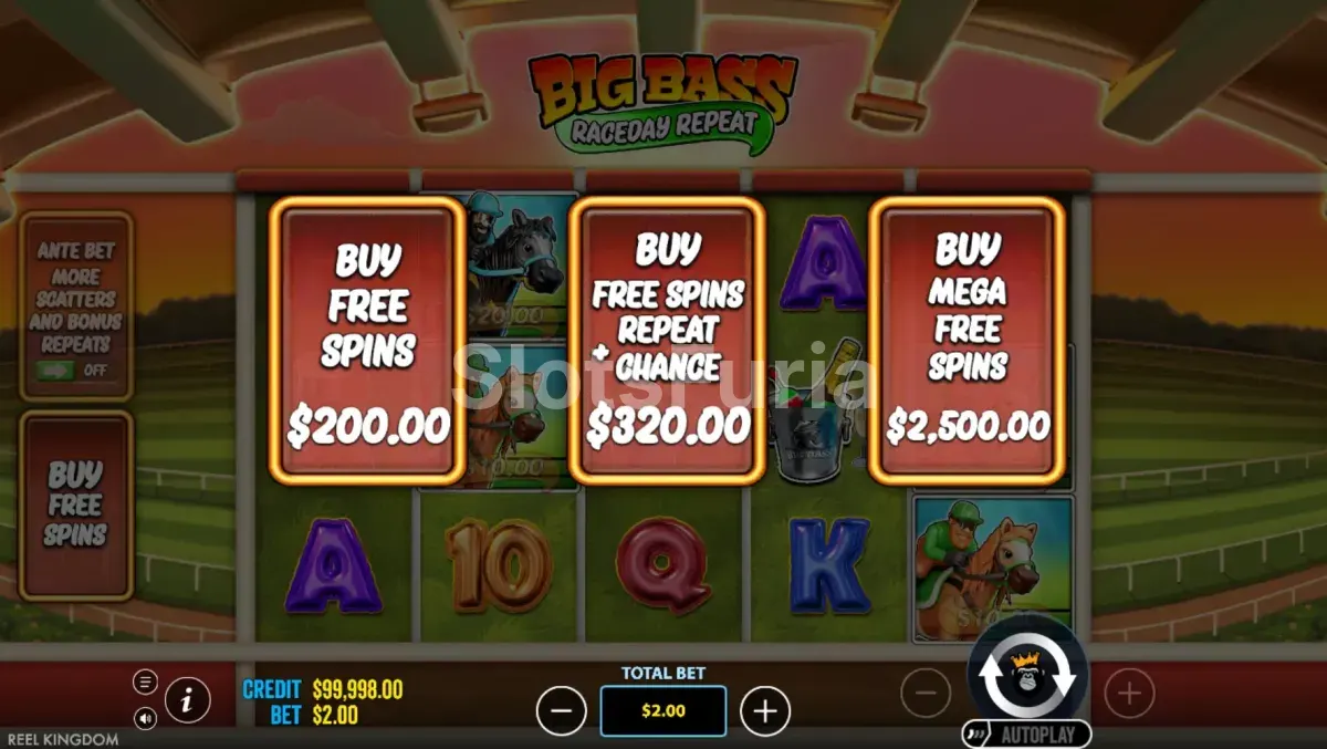 Pantalla de compra de bonus de Big Bass Raceday Repeat con las opciones disponibles