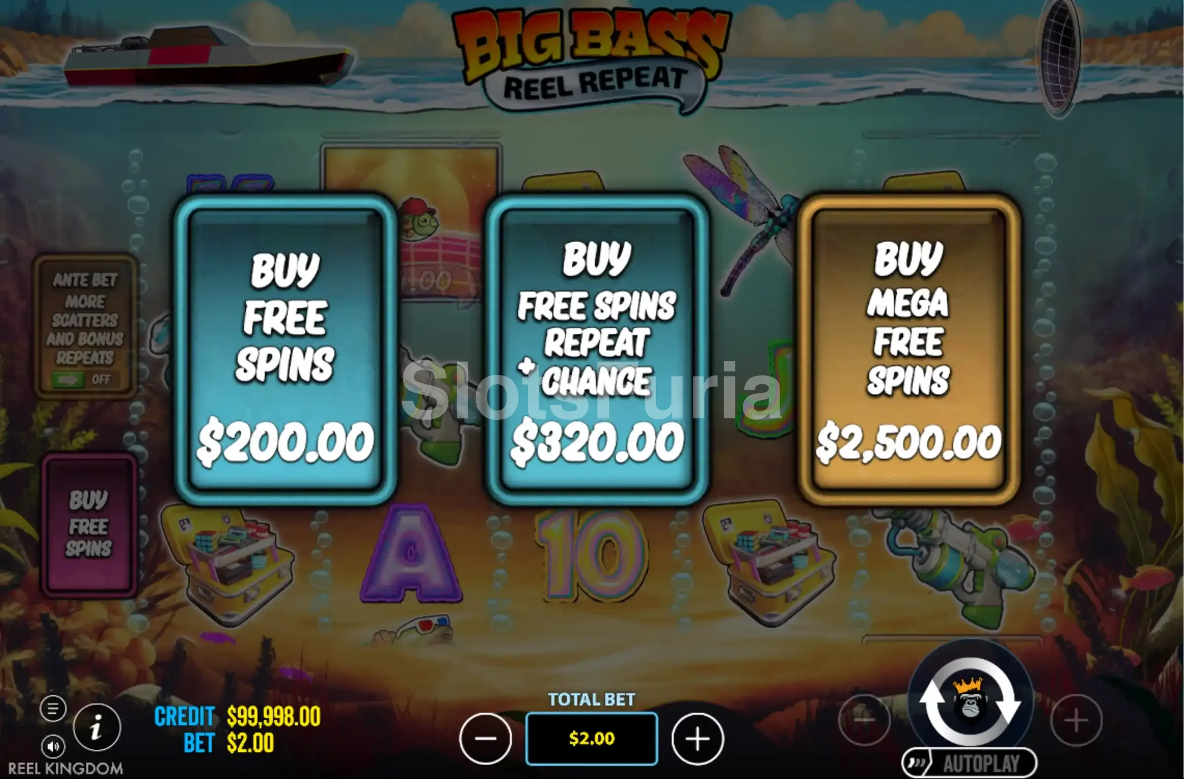 Interfaz de compra de bonus en Big Bass Reel Repeat con opciones de precio