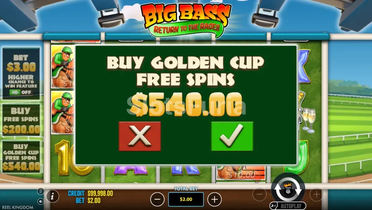 Pantalla de compra de bonus en Big Bass Return to the Races