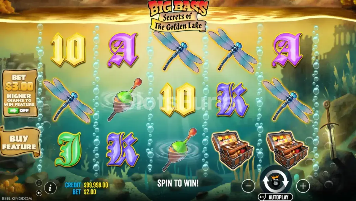 Pantalla principal de Big Bass Secrets of the Golden Lake con el lago dorado de fondo