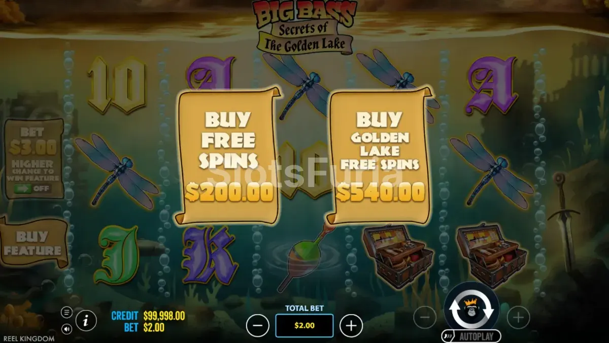 Pantalla de compra de bonus en Big Bass Secrets of the Golden Lake con las opciones disponibles