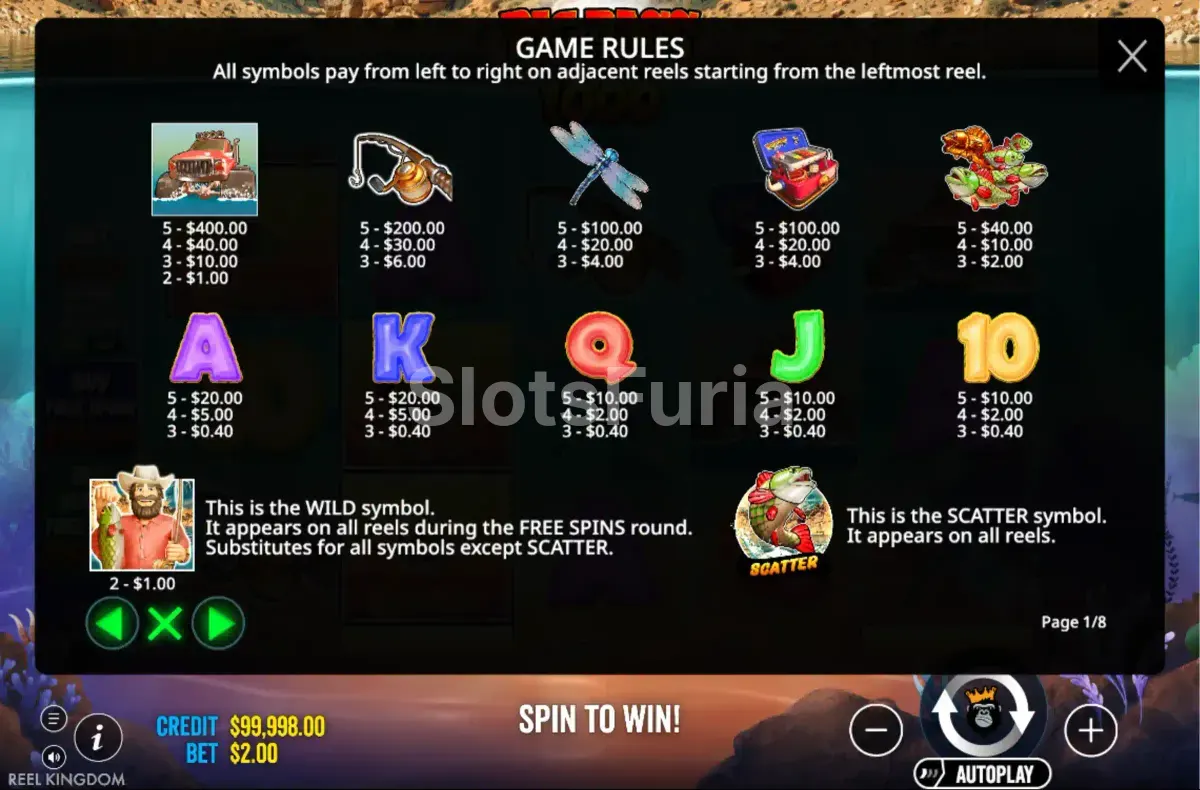 Tabla de pagos y símbolos de Big Bass Splash 1000