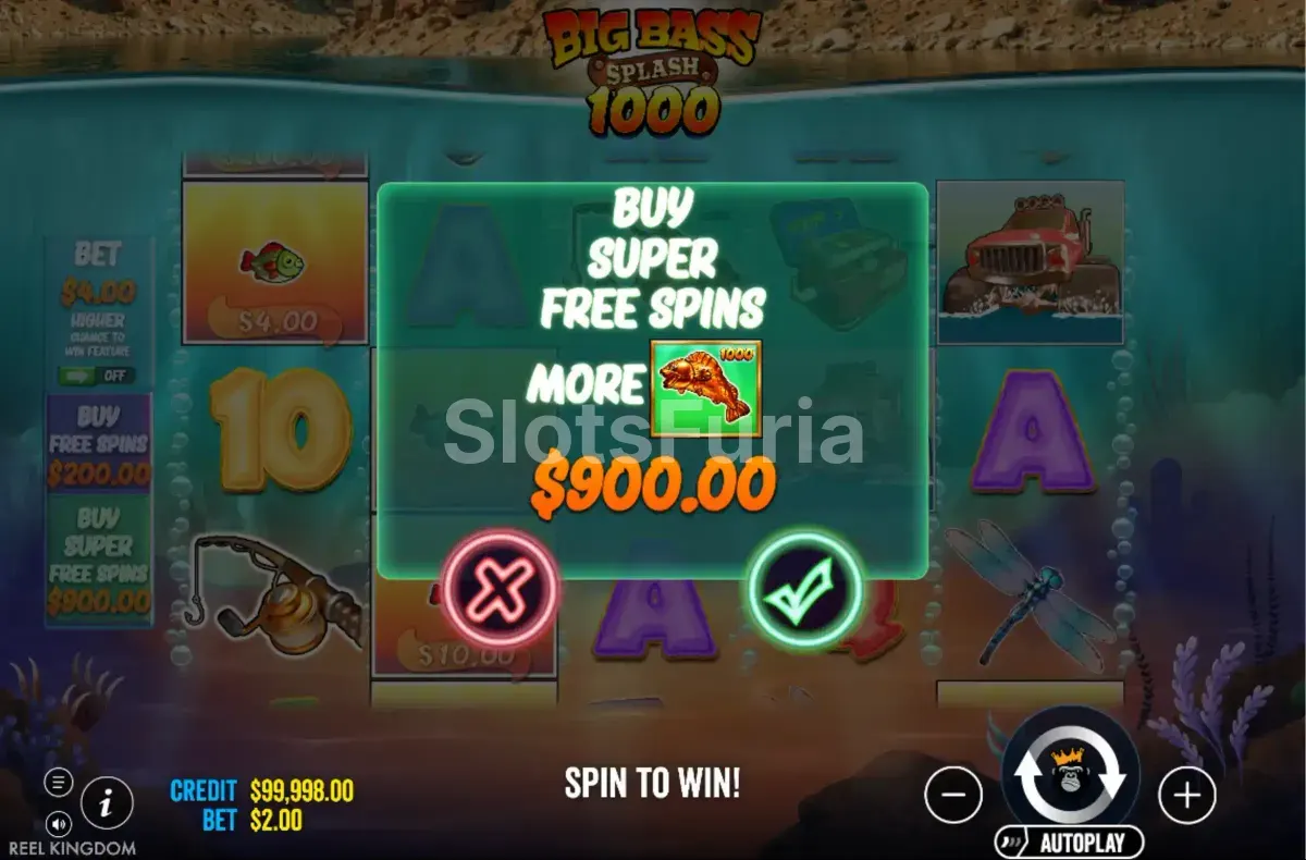 Pantalla de compra de bonus en Big Bass Splash 1000