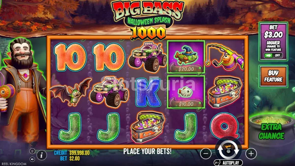 Juego base de Big Bass Splash Halloween 1000 con los rodillos en aguas turbias