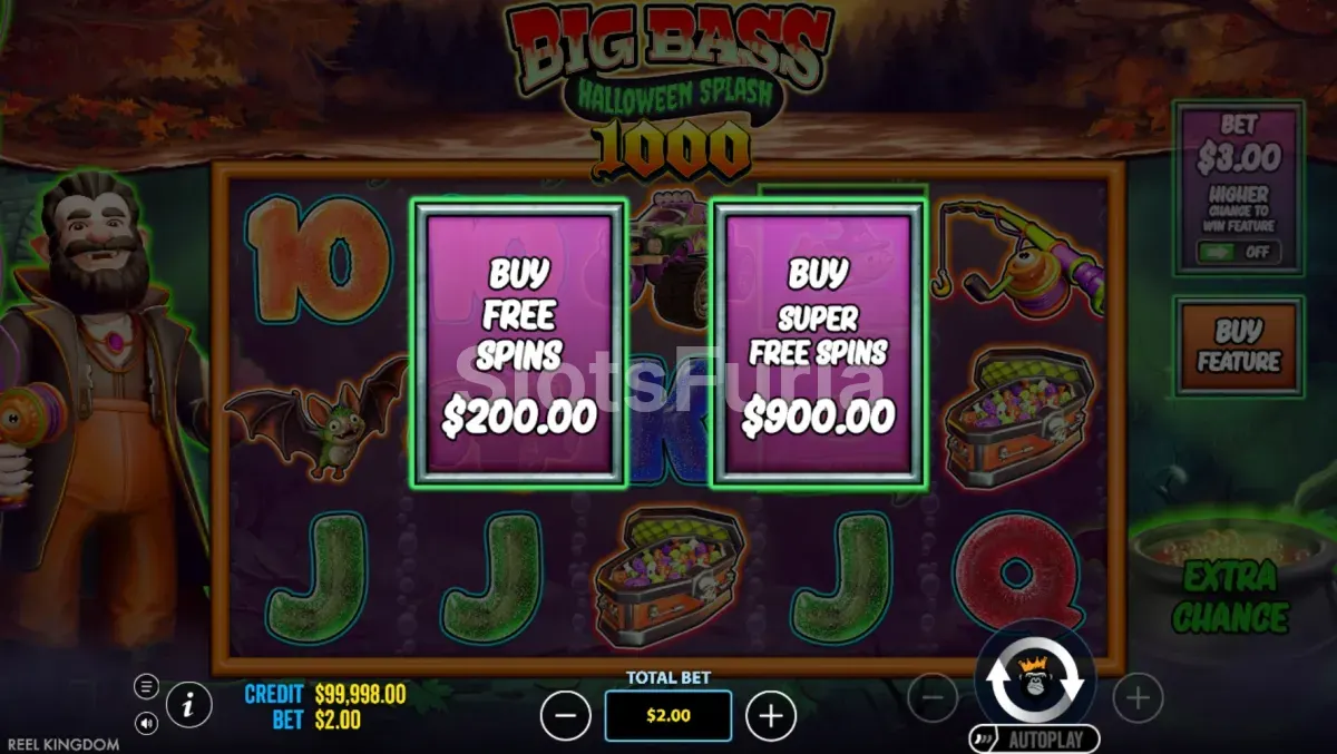 Menú de compra de bonus de Big Bass Splash Halloween 1000 con las dos opciones disponibles
