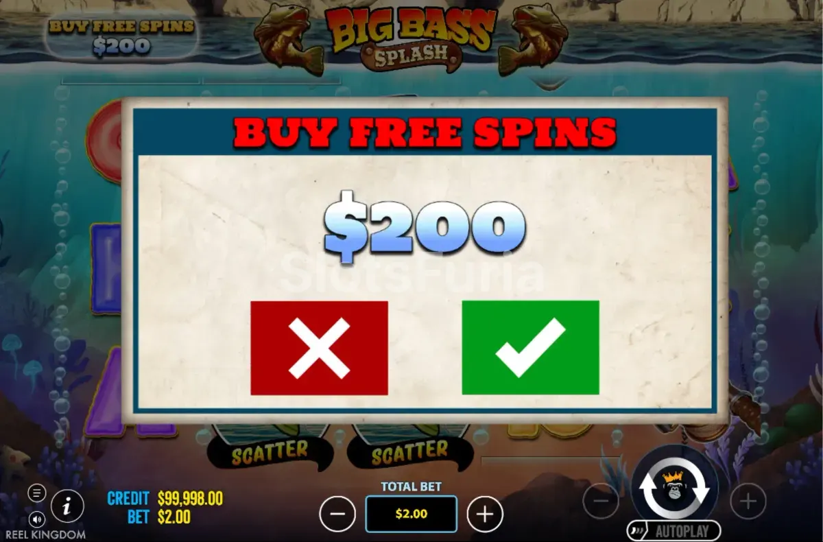 Pantalla de compra de bono de Big Bass Splash a x100