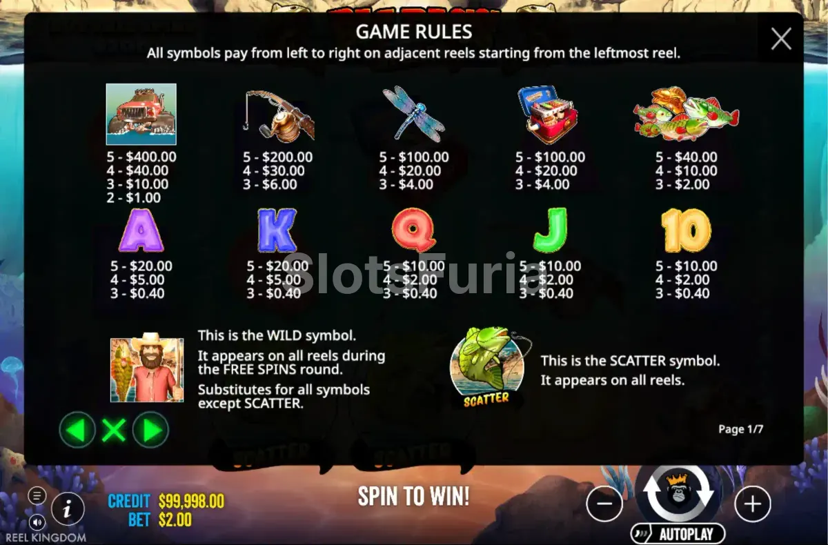 Tabla de pagos de Big Bass Splash con valores de símbolos