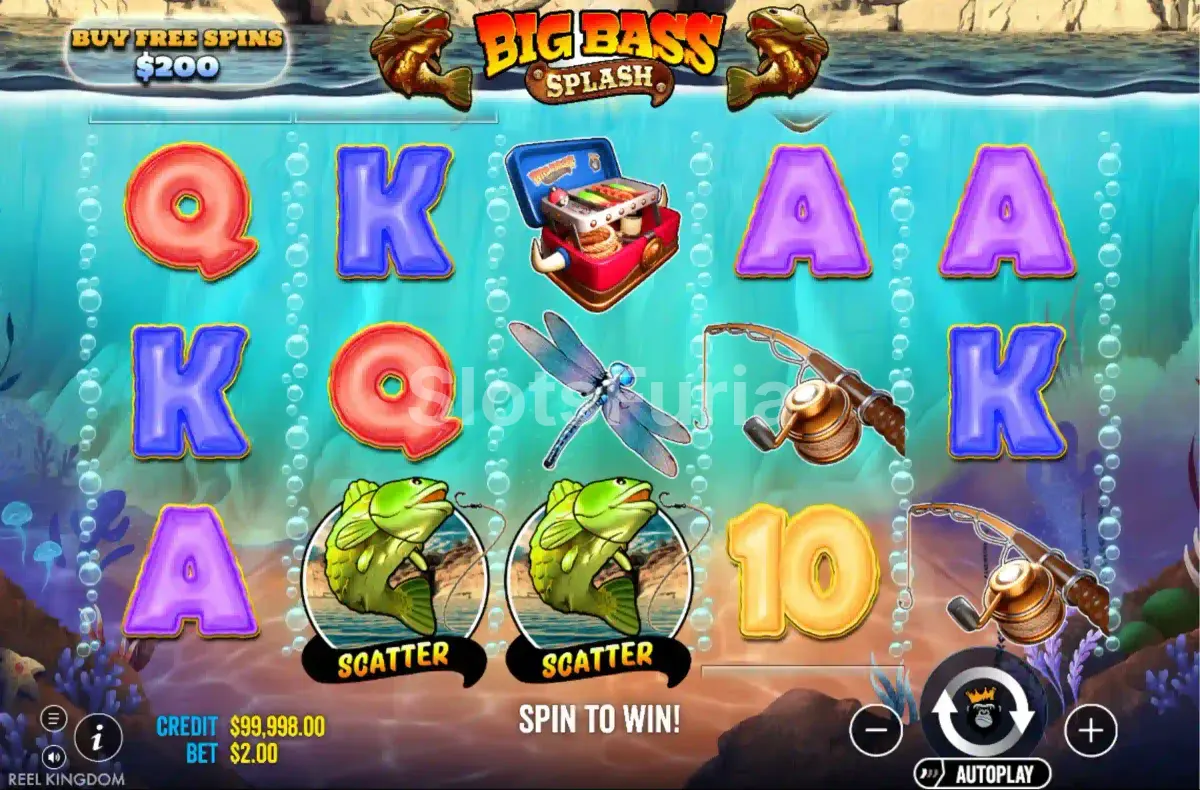 Juego base de Big Bass Splash con grilla de 5 rodillos y 3 filas