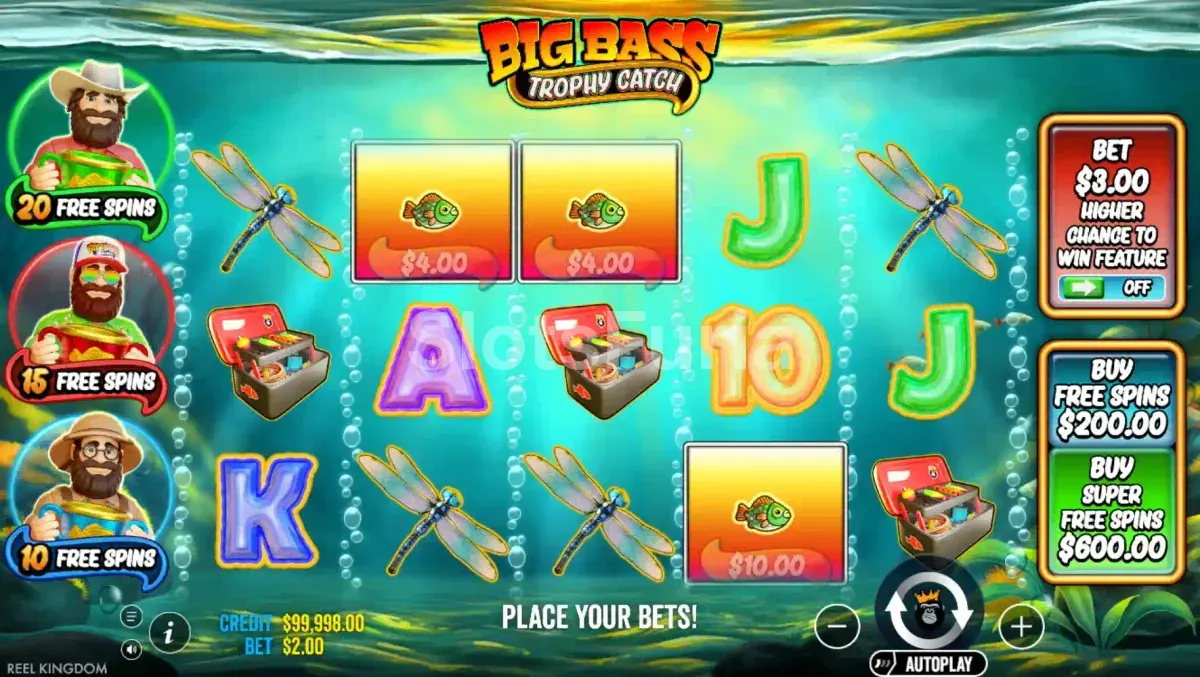 Pantalla principal del juego Big Bass Trophy Fishing con sus 5 rouleaux y ambiente de torneo de pesca