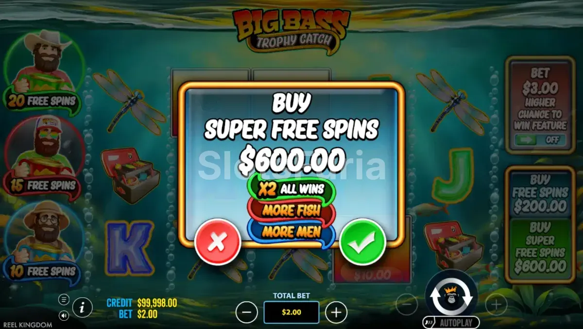 Menú de compra de bonus en Big Bass Trophy Fishing con las opciones disponibles