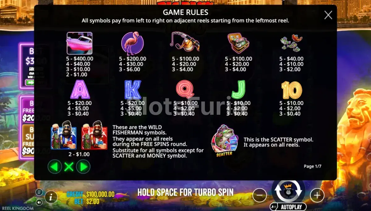 Tabla de pagos de Big Bass Vegas 1000 con valores de los símbolos