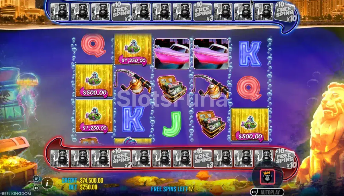 Giros gratis de Big Bass Vegas 1000 con medidores de pescadores azul y rojo