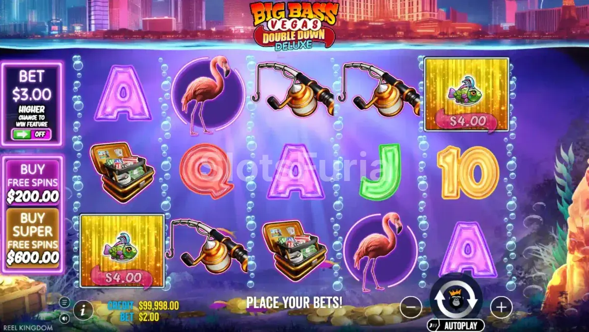 Pantalla principal de Big Bass Vegas Double Down Deluxe con los 5 rouleaux en acción