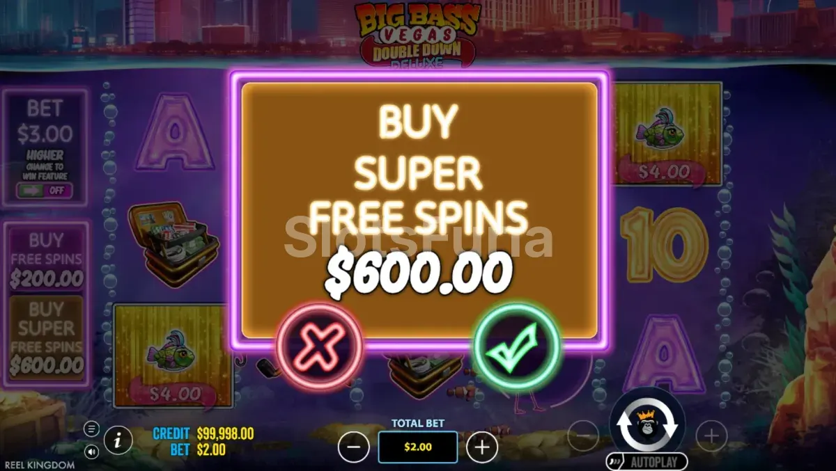 Pantalla de compra de bonos de Big Bass Vegas Double Down Deluxe con opciones disponibles