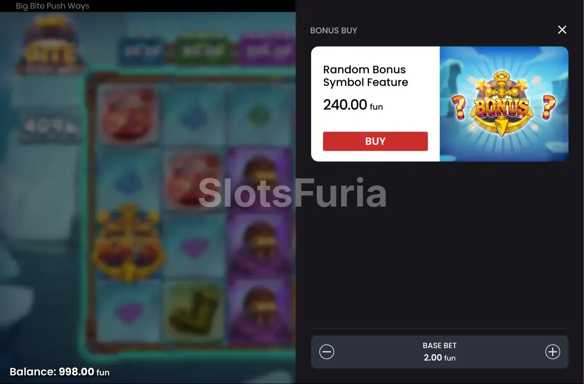 Pantalla de compra de bonus en Big Bite Push Ways con las opciones disponibles