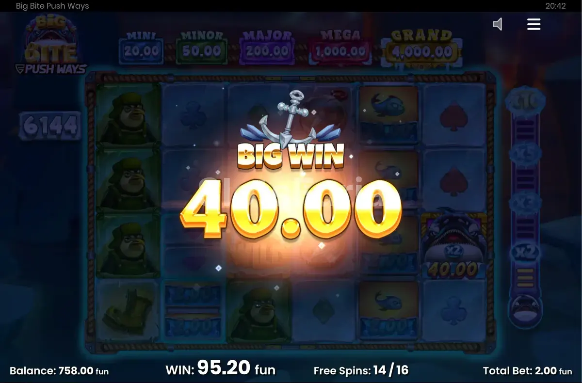 Gran victoria conseguida en Big Bite Push Ways mostrando el multiplicador máximo