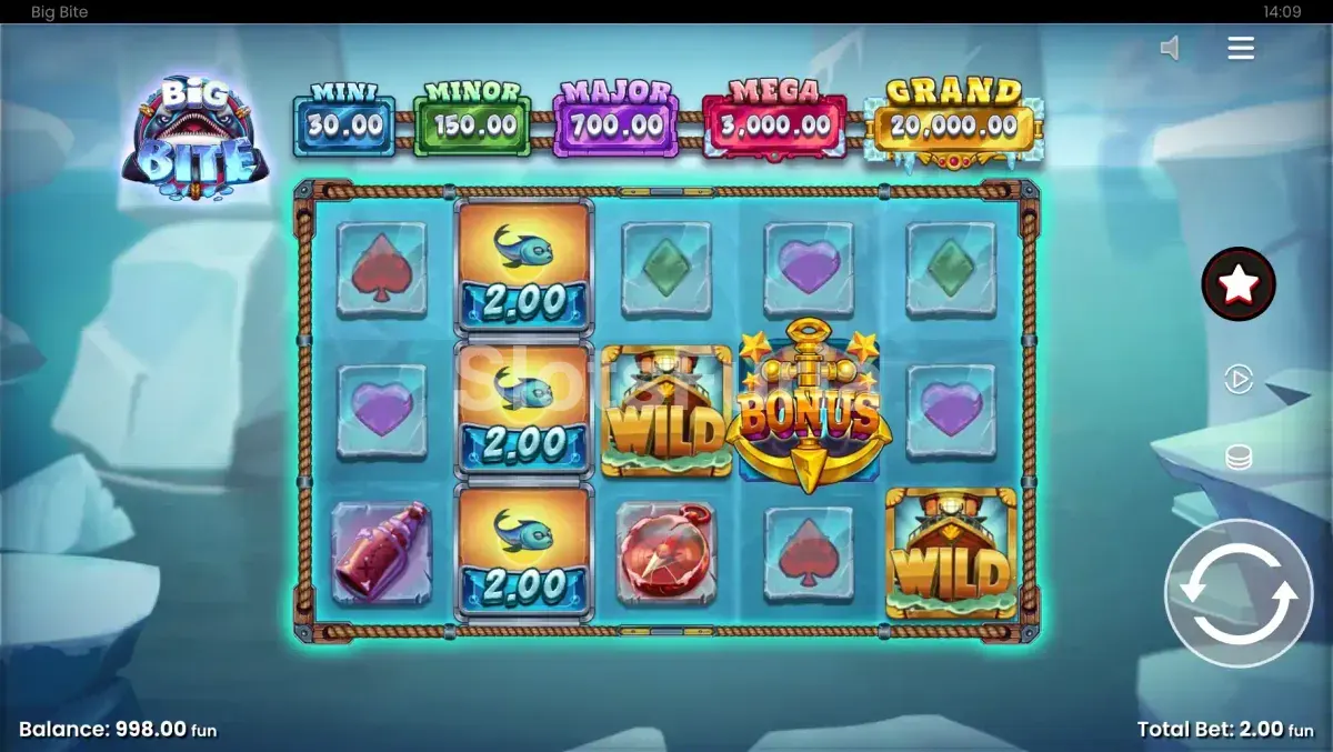 Pantalla principal del juego Big Bite con los 5 rodillos y el tablero base