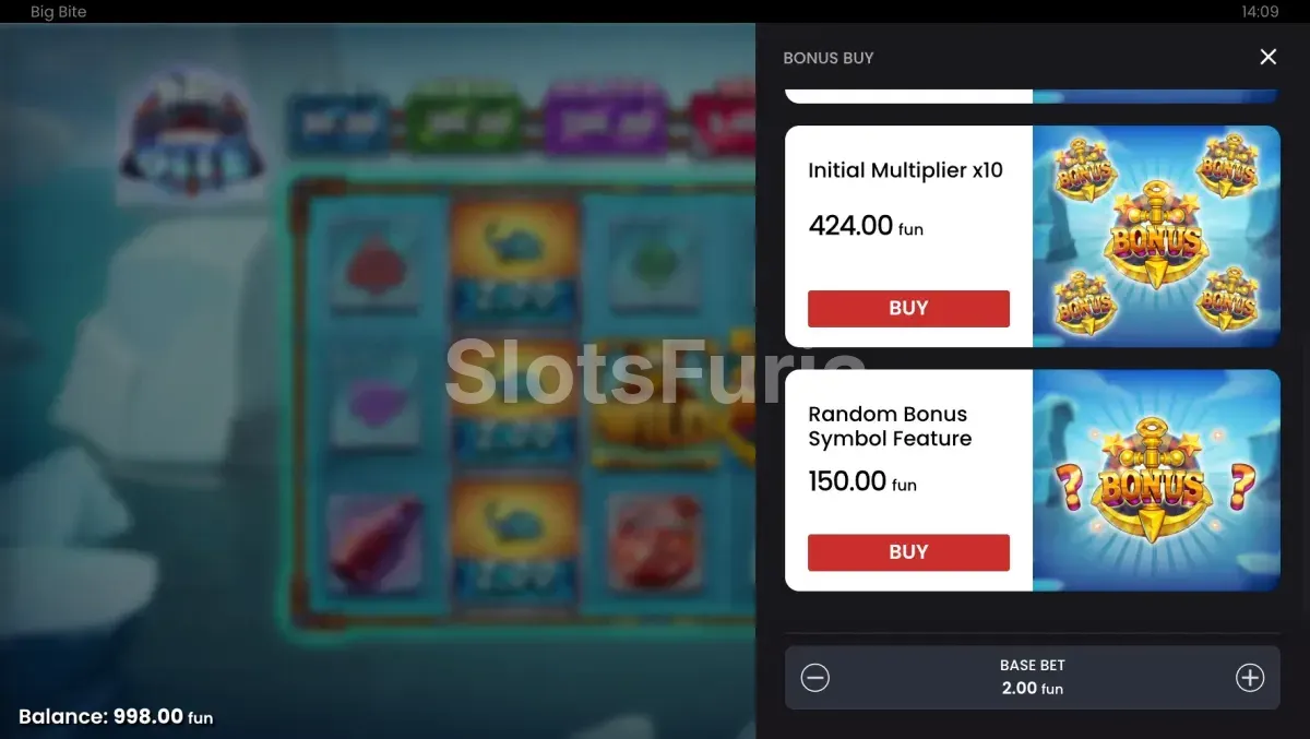 Menú de compra de bonos en Big Bite con las diferentes opciones disponibles