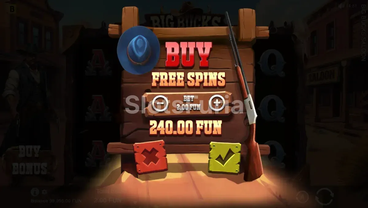 Pantalla de compra de bonus de Big Bucks Saloon con opciones disponibles