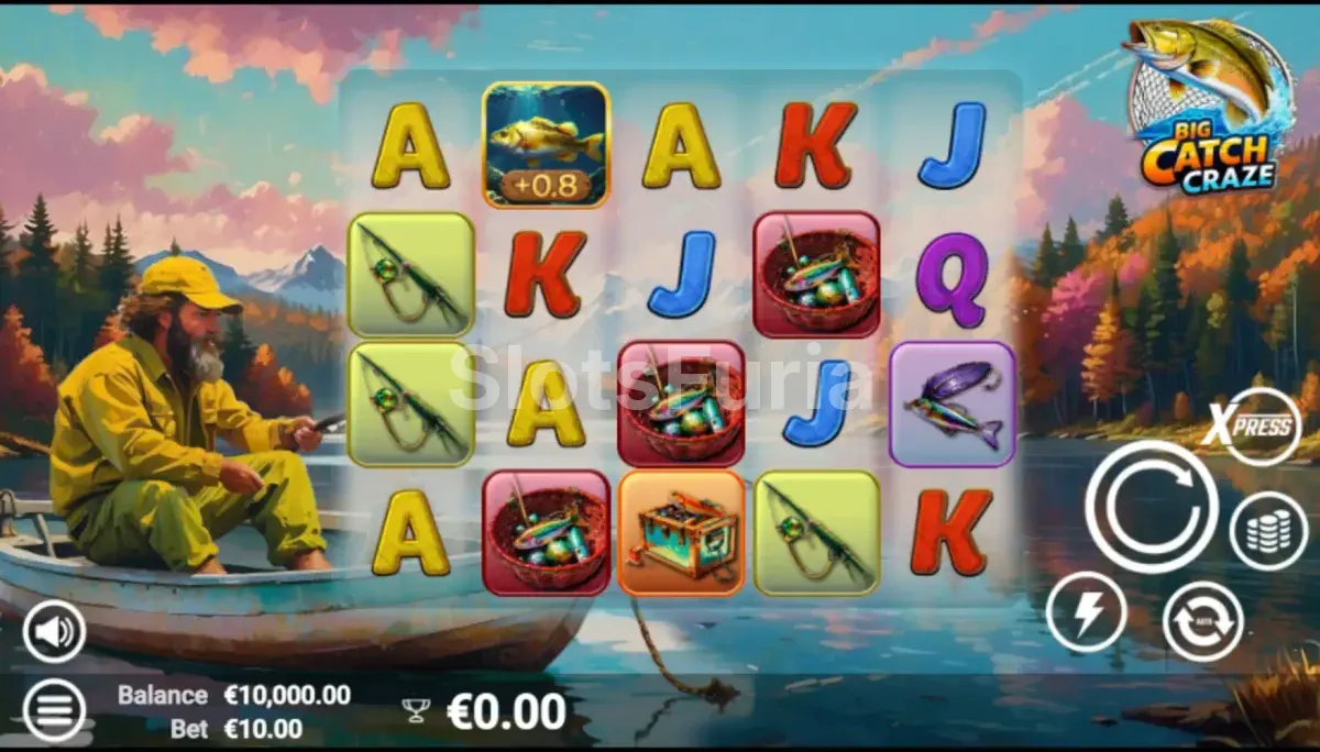 Pantalla principal del juego base de Big Catch Craze con sus 5 rodillos