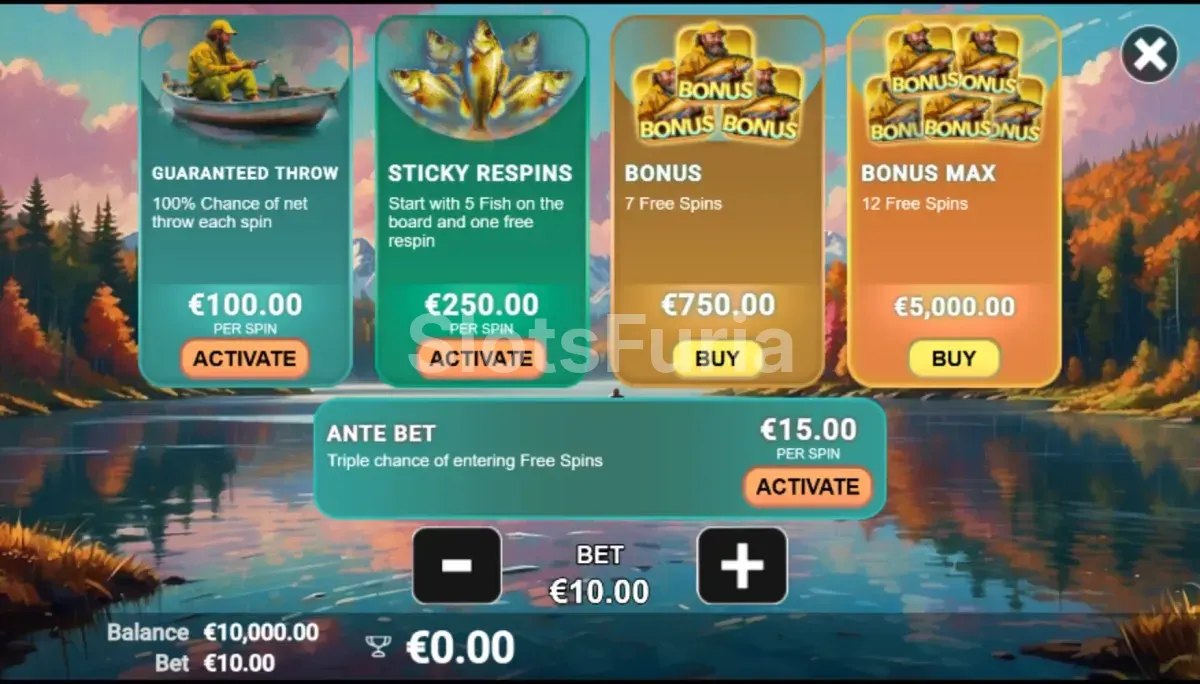 Pantalla de compra de bono de Big Catch Craze con opciones de precio