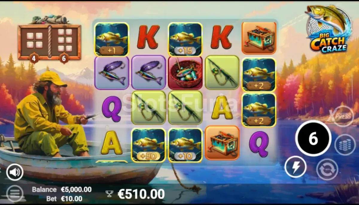 Ronda de giros gratuitos activa en Big Catch Craze con multiplicadores en cascada