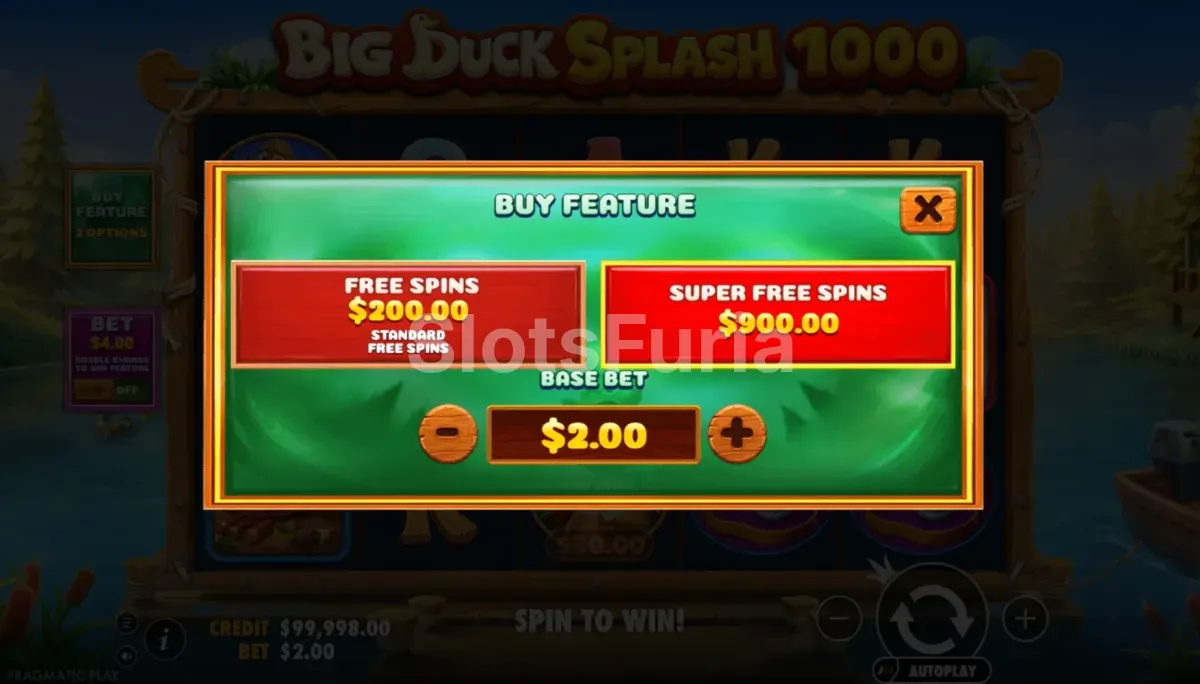 Pantalla de compra de bonus de Big Duck Splash 1000