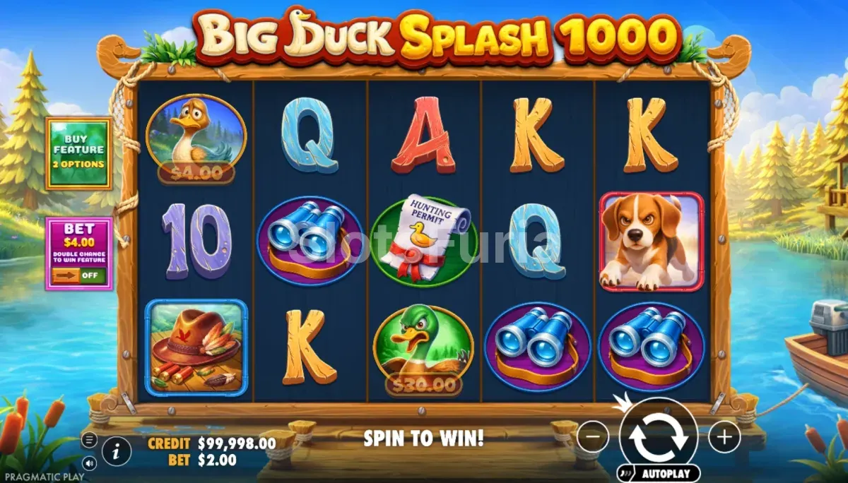 Pantalla de juego base de Big Duck Splash 1000 con símbolos de patos